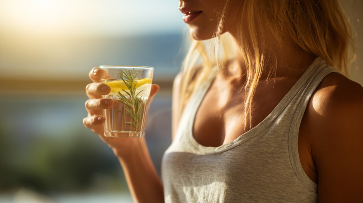 Osoba drži čašu vode sa limunom i ruzmarinom na prirodnom svetlu