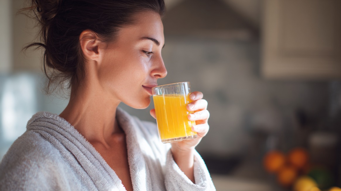 Žena u bademantilu pije čašu svežeg soka u kuhinji