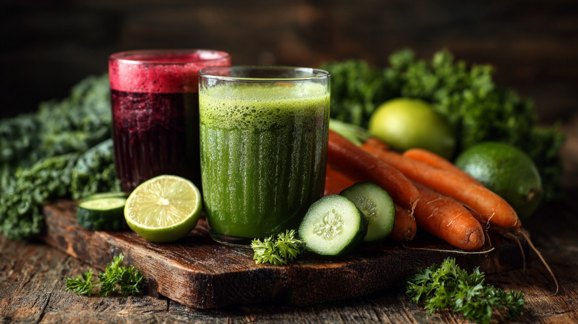 Zeleni i crveni sok od povrća sa šargarepom, krastavcem i limetom