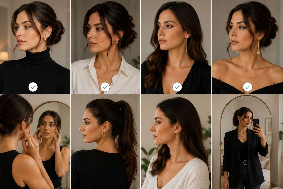 Žena isprobava različite modele minđuša uz različite frizure i izreze odeće kako bi uskladila nakit sa celokupnim izgledom.